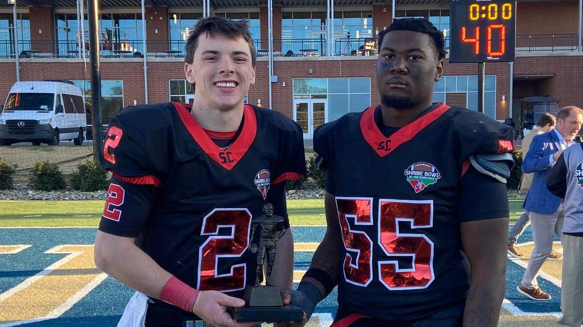 Stratford QB Jachin Davis (2) and Chester DL Terry Radford (55) were MVPs for the South Carolina team in the win over North Carolina in 2025 Shrine Bowl of Carolinas.