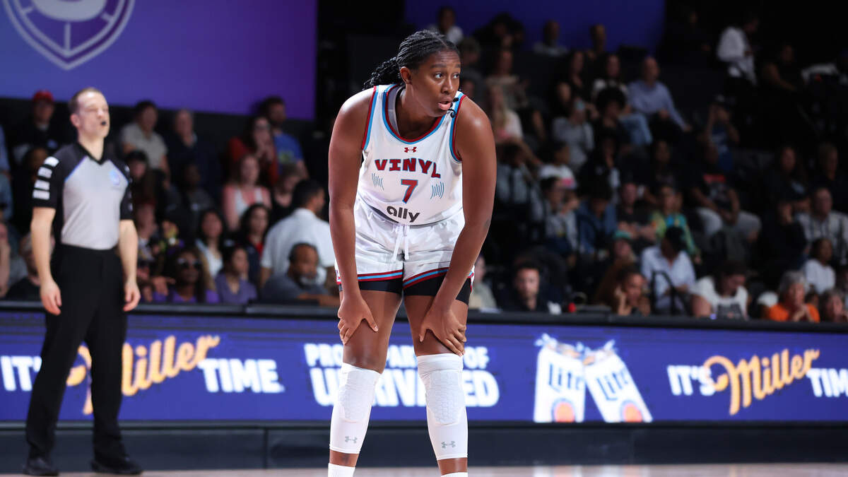 MEDLEY, FLORIDA - FEBRUARY 03: Aliyah Boston #7 of the Vinyl looks on against the Lunar Owls during the first quarter of the game at Wayfair Arena on February 03, 2025 in Medley, Florida.