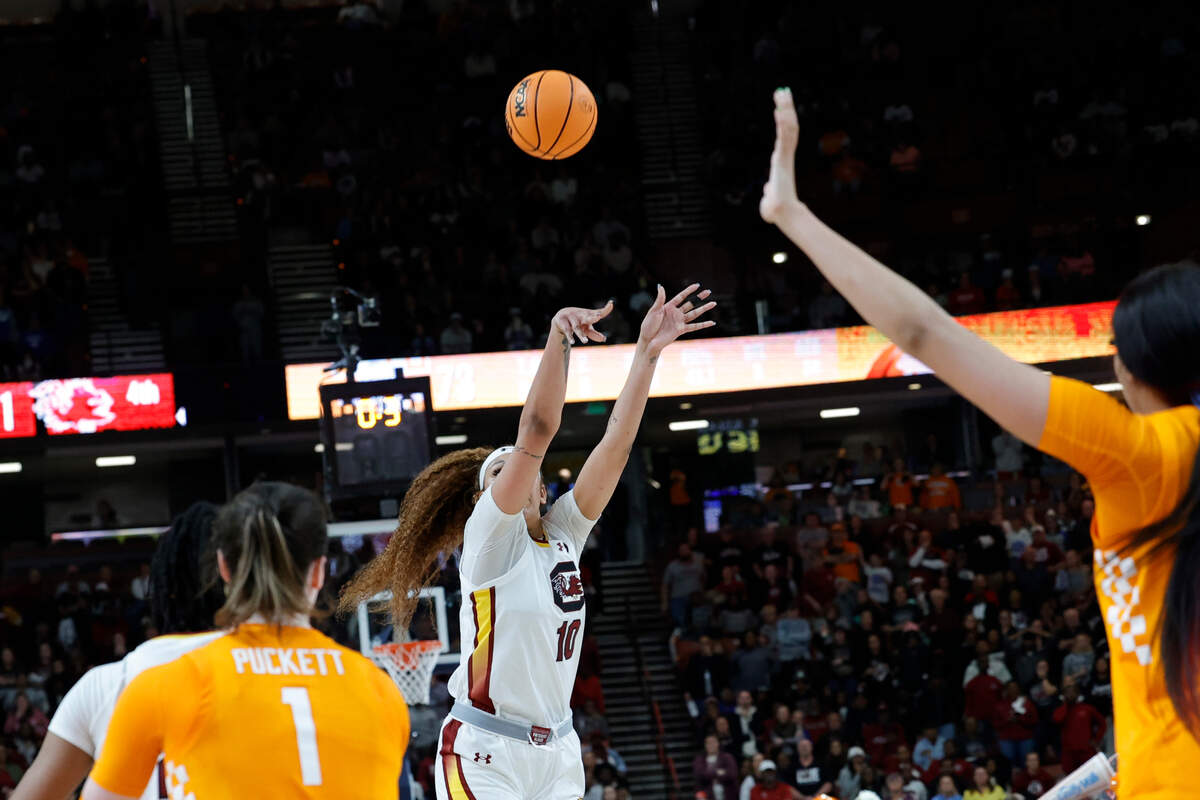 South Carolina’s Kamilla Cardoso (10) makes the game winning shot to beat Tennessee to advance in the SEC tournament in the Bon Secours Wellness Arena in Greenville on Friday, Mar. 8, 2024