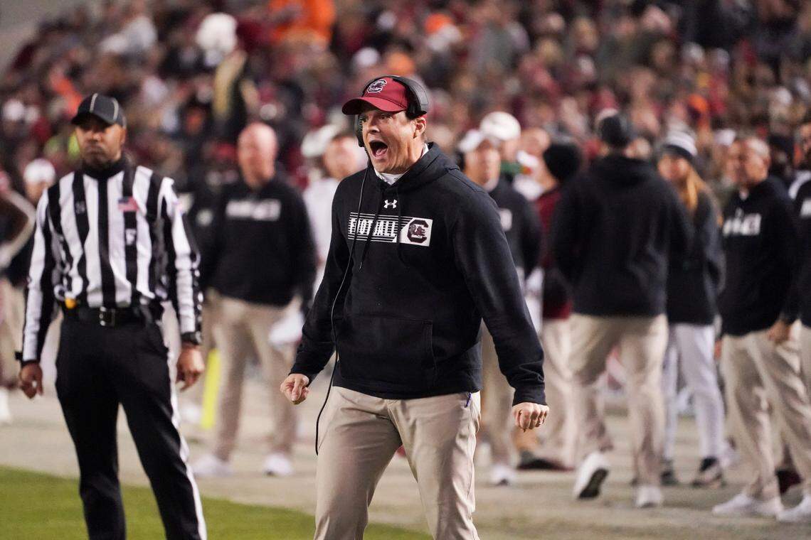 South Carolina coach Shane Beamer shouts to players during the second half of the team’s NCAA college football game against Clemson on Saturday, Nov. 27, 2021, in Columbia, S.C. Clemson won 30-0. (AP Photo/Sean Rayford)