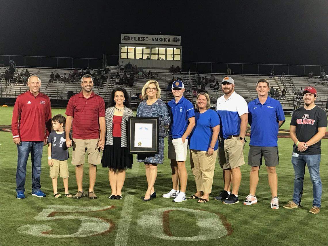 Former Gilbert and current River Bluff athletic trainer TJ Marsh was given the Order of the Palmetto on Friday, Aug. 27, 2021, at halftime of Gilbert’ game against Aiken.