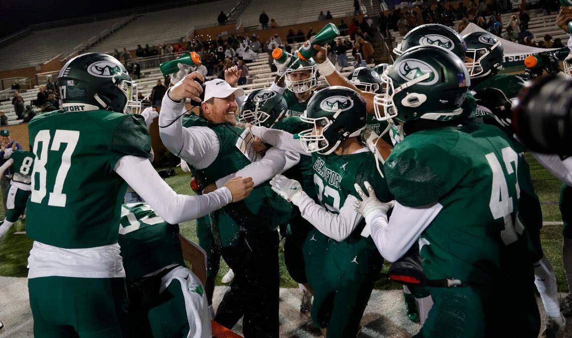 The Beaufort Eagles celebrate after beating Powdersville to win the Class 3A state championship game at Charles W. Johnson Stadium at Benedict College in December 2022.