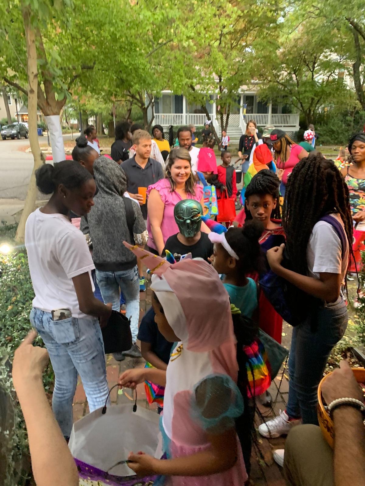 Trick-or-treaters crowd outside of Eva Foussat’s house in Elmwood Park on Halloween in 2019.