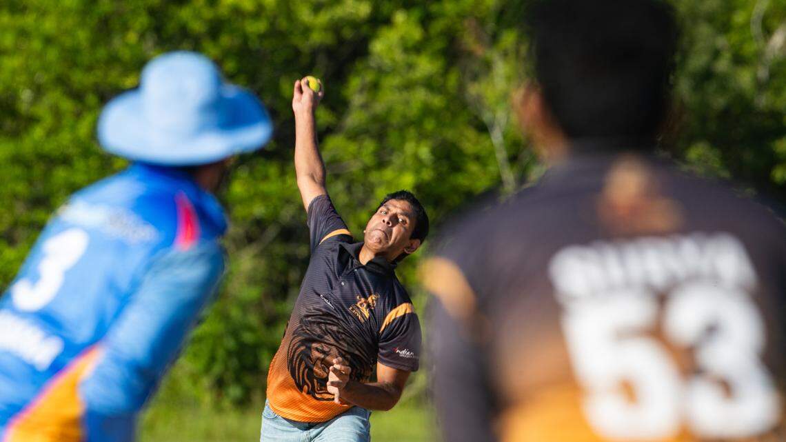 The Lexington Lions’ Sathish Reddy Thula bowls during practice on Saturday, July 6, 2024. While most of the players on the cricket team are from India, the team hopes to help the sport become more popular across America.