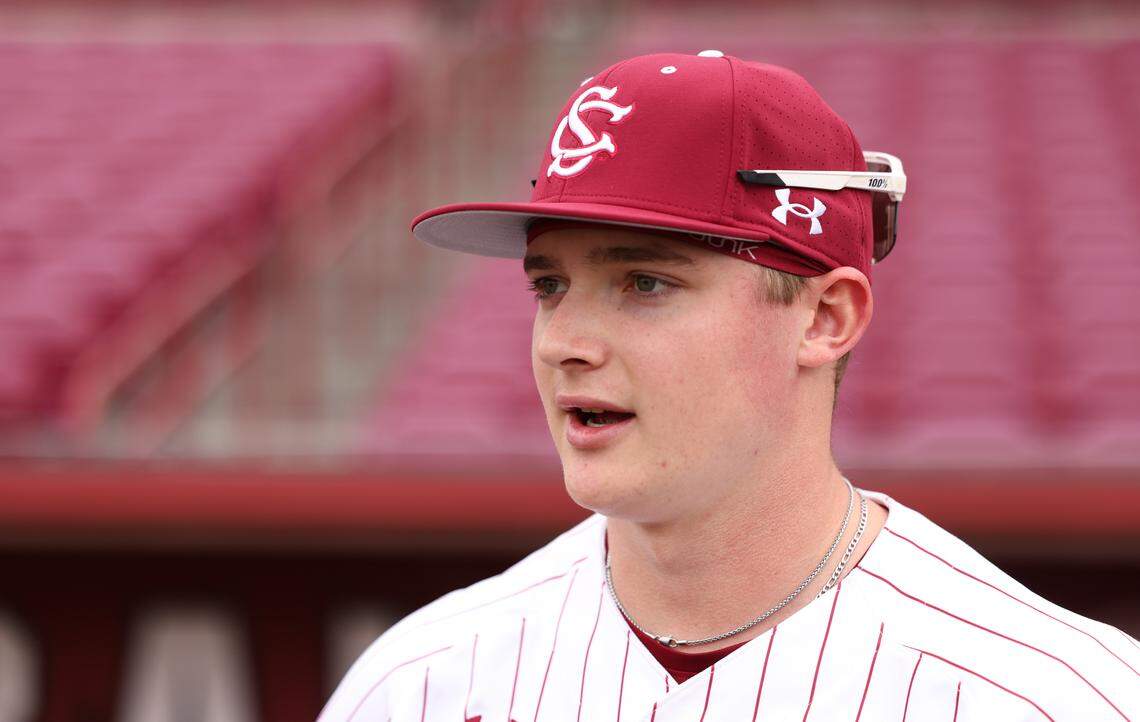 Brandon Cromer of South Carolina answers questions during Media Day on Jan. 22. 