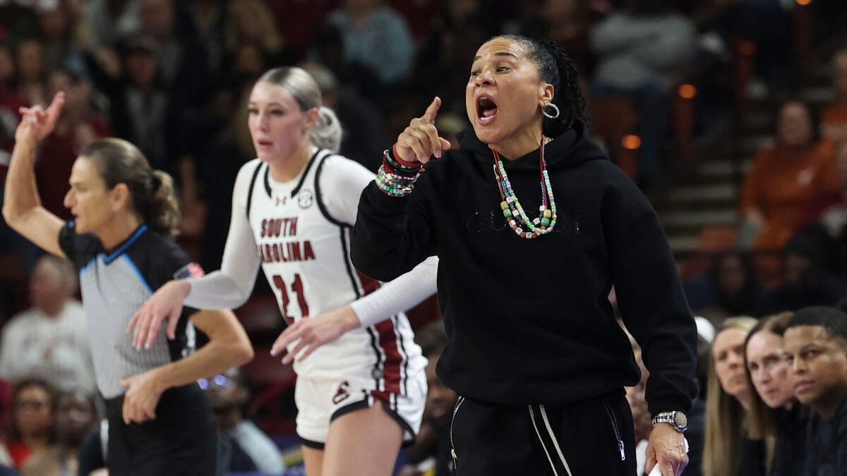 University of South Carolina Head Coach Dawn Staley yells to the team during the second half of action in the SEC Tournament at the Bon Secours Wellness Arena in Greenville on Sunday, March 9, 2025.