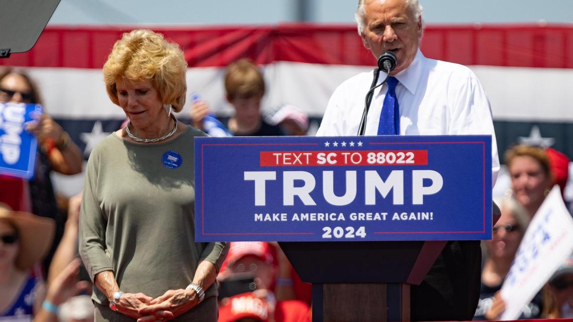 South Carolina Governor Henry McMaster and his wife Peggy McMaster speak during a campaign event for former President Donald Trump in Pickens, South Carolina on Saturday, July 1, 2023.