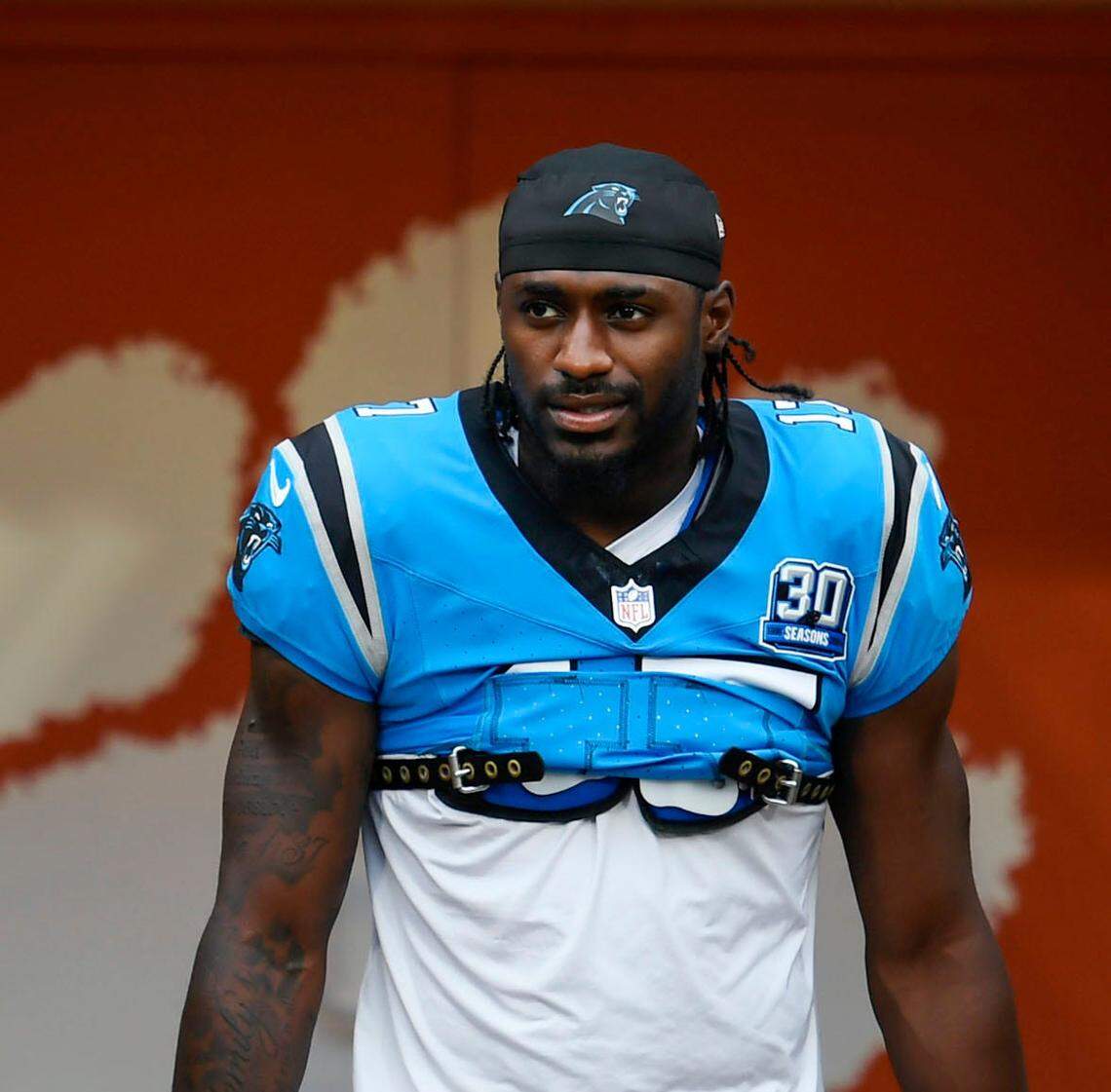 Carolina Panther Xavier Legette (17) enters Memorial Stadium at Clemson University during the Panthers Fan Fest in Clemson, S.C., on Thursday, Aug. 1, 2024.