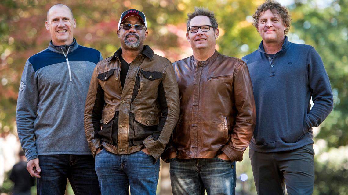 Darius Rucker, Dean Felber, and Mark Bryan, of Hootie & the Blowfish, pose for a portrait at the University of South Carolina in Columbia, S.C. The band is returning with a tour and album 25 years after “Cracked Rear View” launched the South Carolina-based rock band.