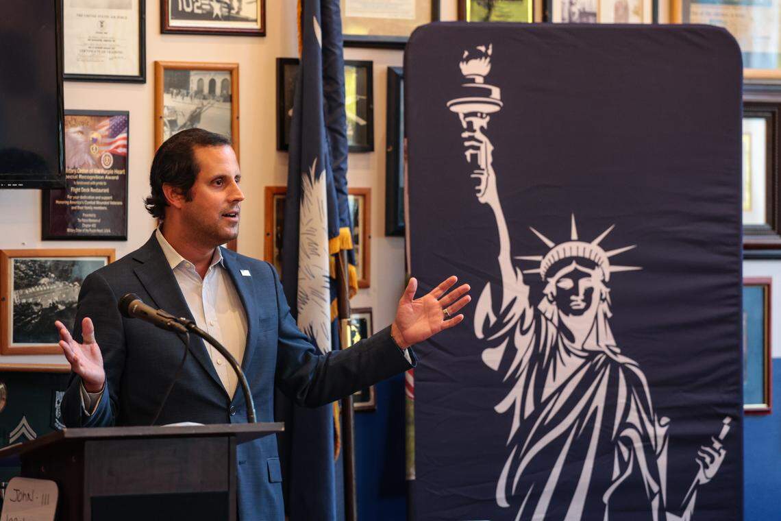 State Sen. Josh Kimbrell, R-Spartanburg, speaks on Monday, Sept. 15, 2025 during a meeting of Moms for Liberty at The Flight Deck in Lexington. Kimbrell is running for South Carolina Governor in 2026.