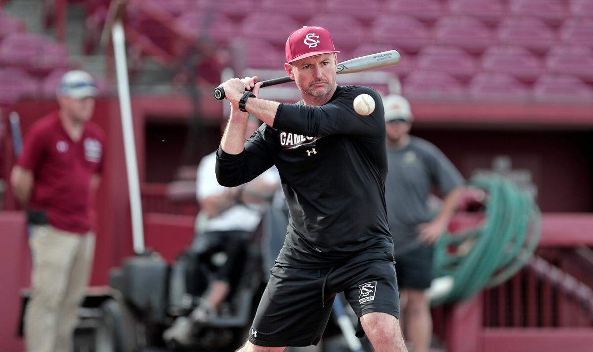 South Carolina baseball associate head coach Monte Lee at a practice at Founders Park ahead of the 2023 season.