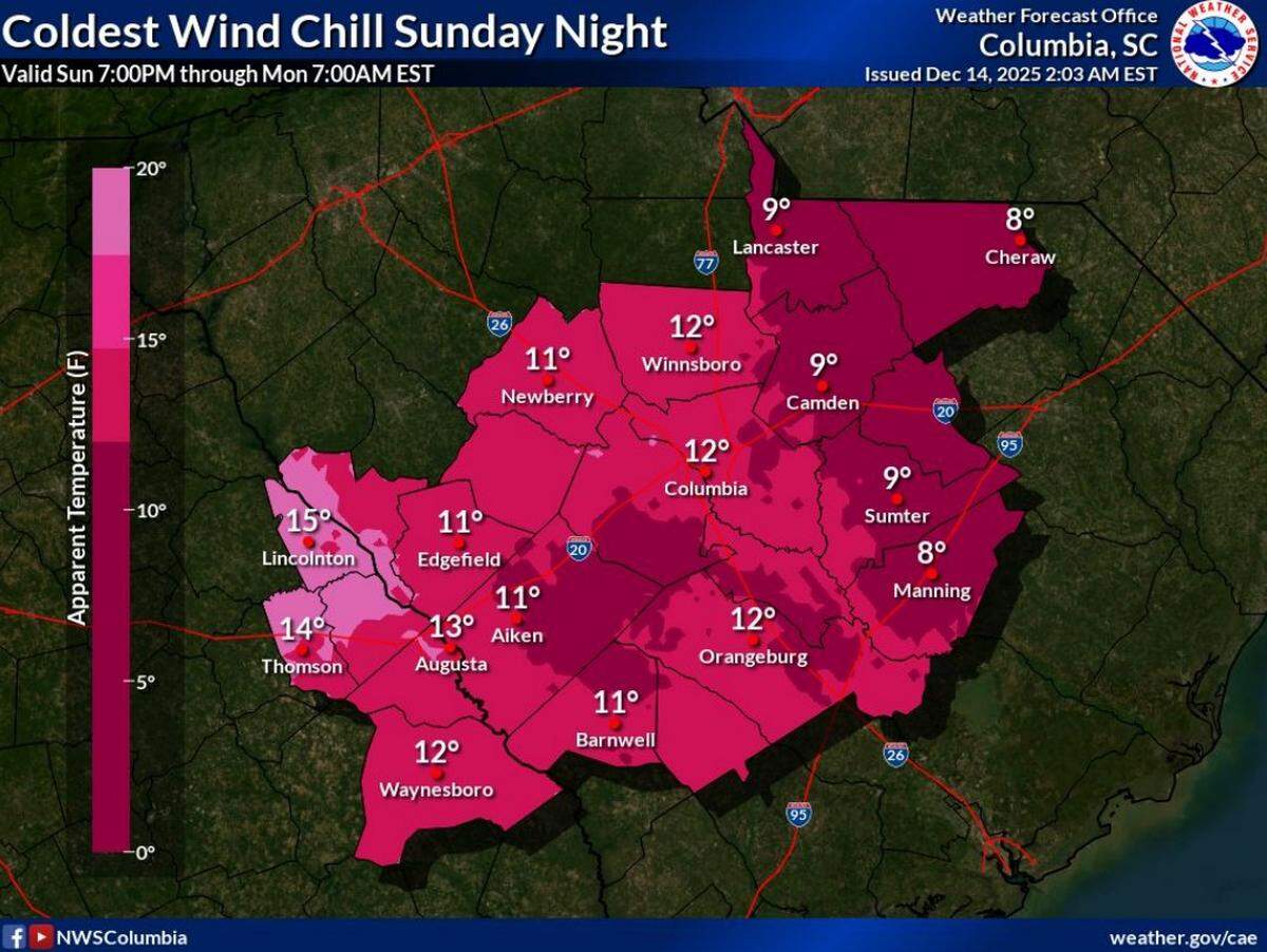Cold weather is forecast for the Midlands area of South Carolina.