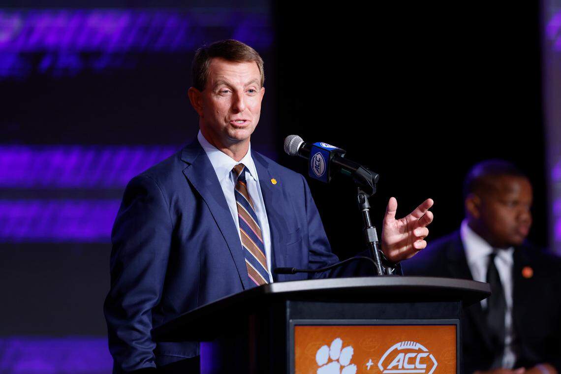 Clemson head coach Dabo Swinney speaks at the 2023 ACC Kickoff in Charlotte, N.C., Thursday, July 27, 2023. (Photo by Nell Redmond/ACC)