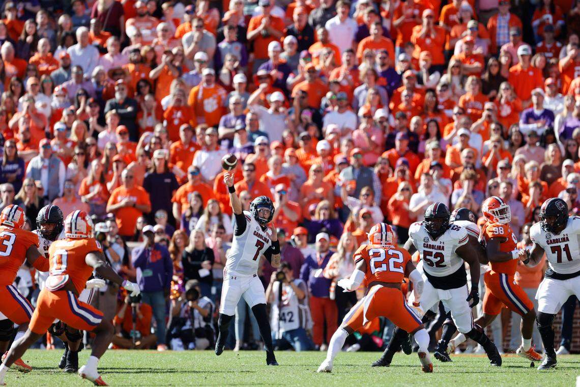 South Carolina Gamecocks quarterback Spencer Rattler (7) throws the ball during the game against Clemson on Saturday, November 26, 2022.