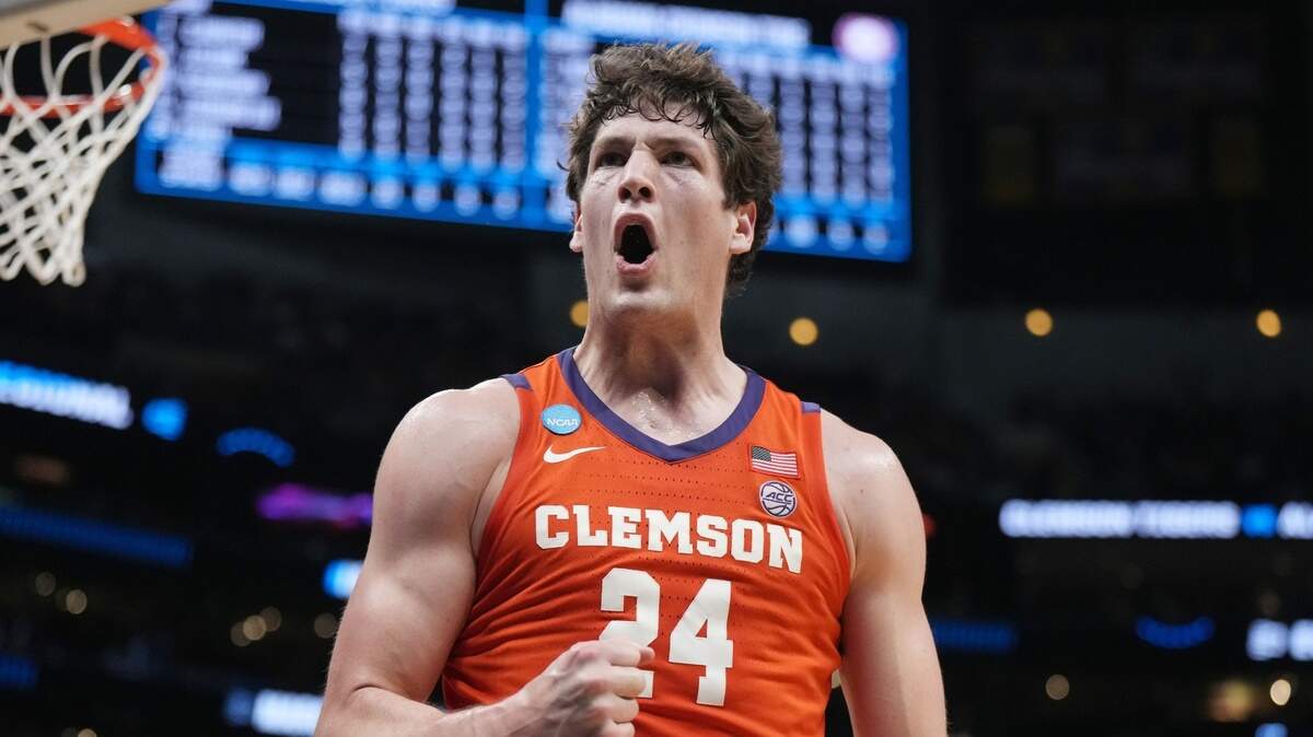Mar 30, 2024; Los Angeles, CA, USA; Clemson Tigers center PJ Hall (24) reacts in the second half against the Alabama Crimson Tide in the finals of the West Regional of the 2024 NCAA Tournament at Crypto.com Arena.