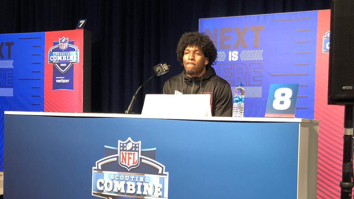 South Carolina edge rusher Kingsley “JJ” Enagbare spoke with reporters on Friday at the NFL Scouting Combine in Indianapolis.