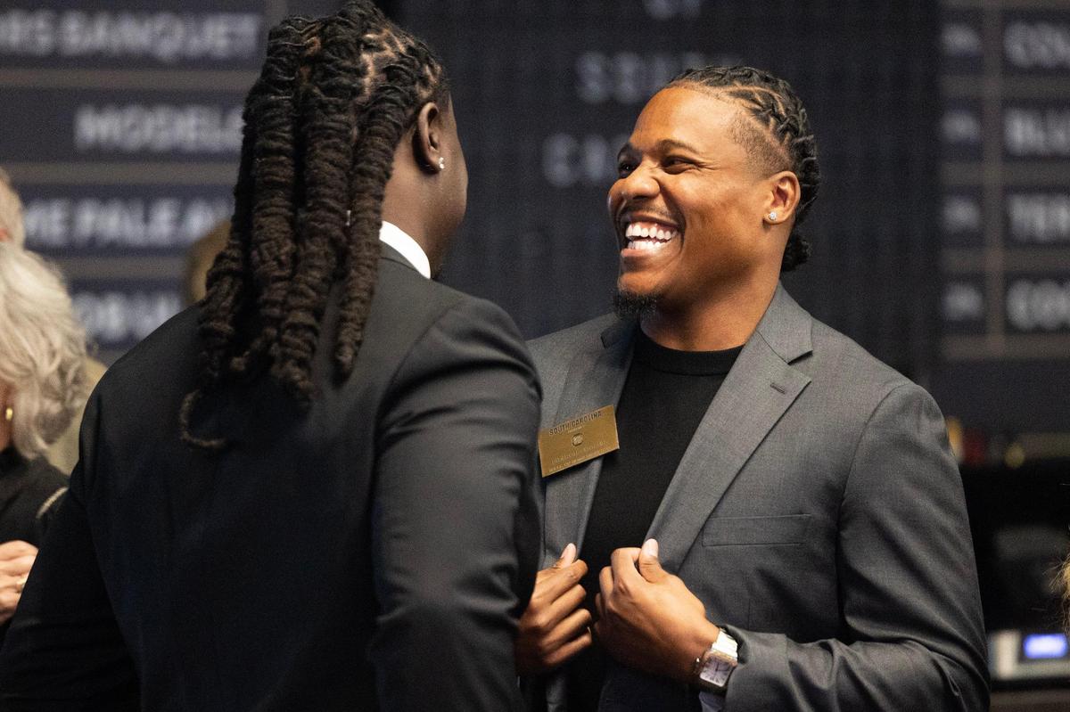 University of South Carolina’s Pharoh Cooper, a former Gamecocks football star, speaks with fans before he is inducted into the university’s hall of fame at Williams-Brice Arena on Friday, November 1, 2024.