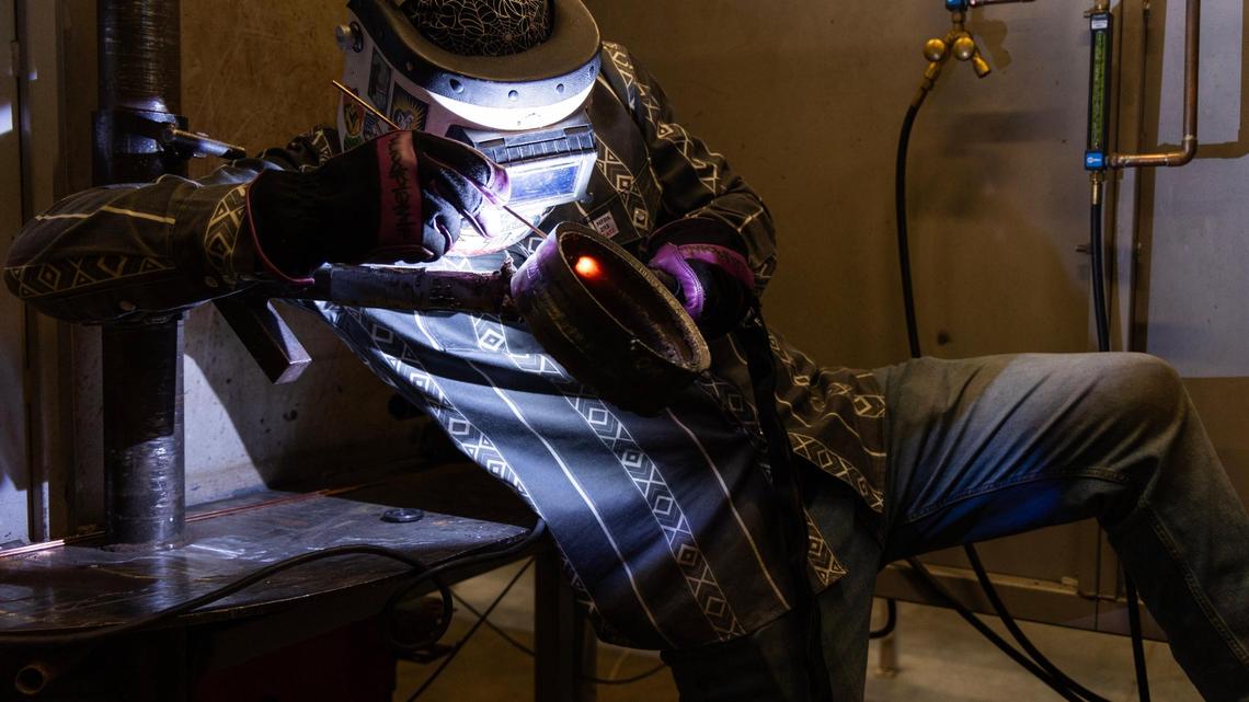 Riley O’Neal practices welding at Midlands Technical College on Tuesday, March 5, 2024. O’Neal started learning to weld when he was 16 years old, and hopes a career in welding will allow him to travel.