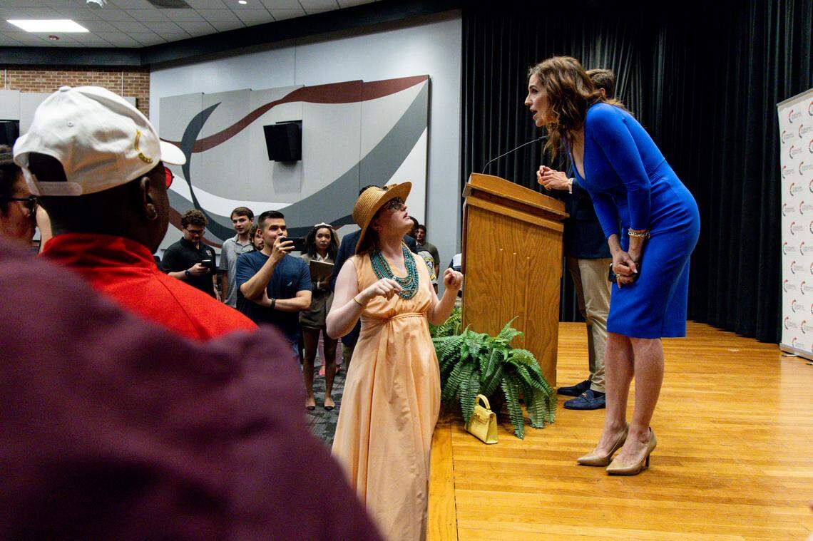 U.S. Representative Nancy Mace argues with University of South Carolina student Harley Hicks after a program sponsored by Turning Point USA on Monday, April, 21, 2025. Hicks had earlier identified herself as transgender. During the exchange at the stage Mace repeatedly referred to her in a derogatory way. The event was held at Russell House on The University of South Carolina.