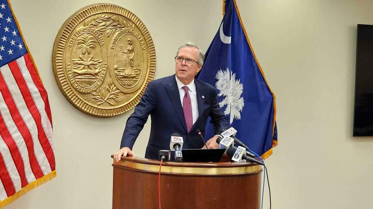 Former Florida Gov. Jeb Bush speaks with House GOP members about the importance and success of school voucher programs on Tuesday, April 4, 2023, in Columbia, S.C.