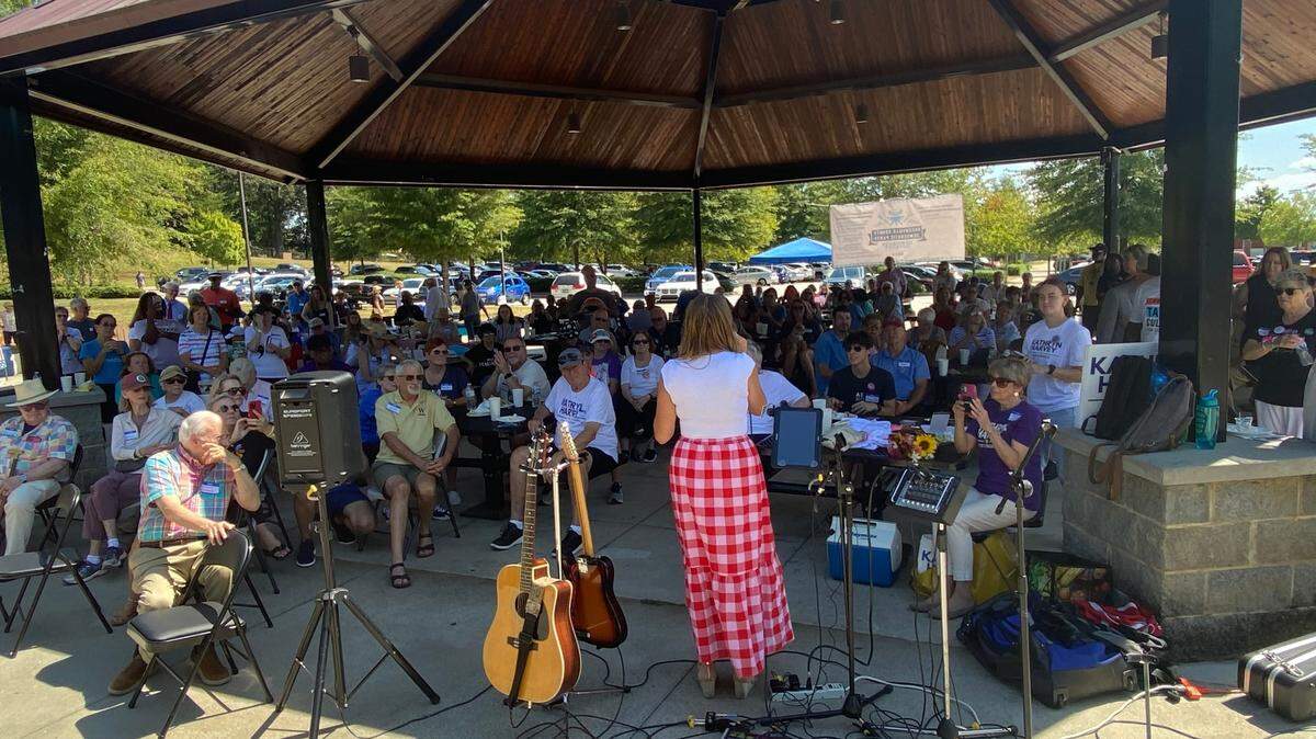 Spartanburg County Democratic Party Chairwoman and 4th Congressional District nominee Kathryn Harvey, speaks at the Greenville County Democratic Party Candidate Cookout on Saturday, Sept. 7, 2024.