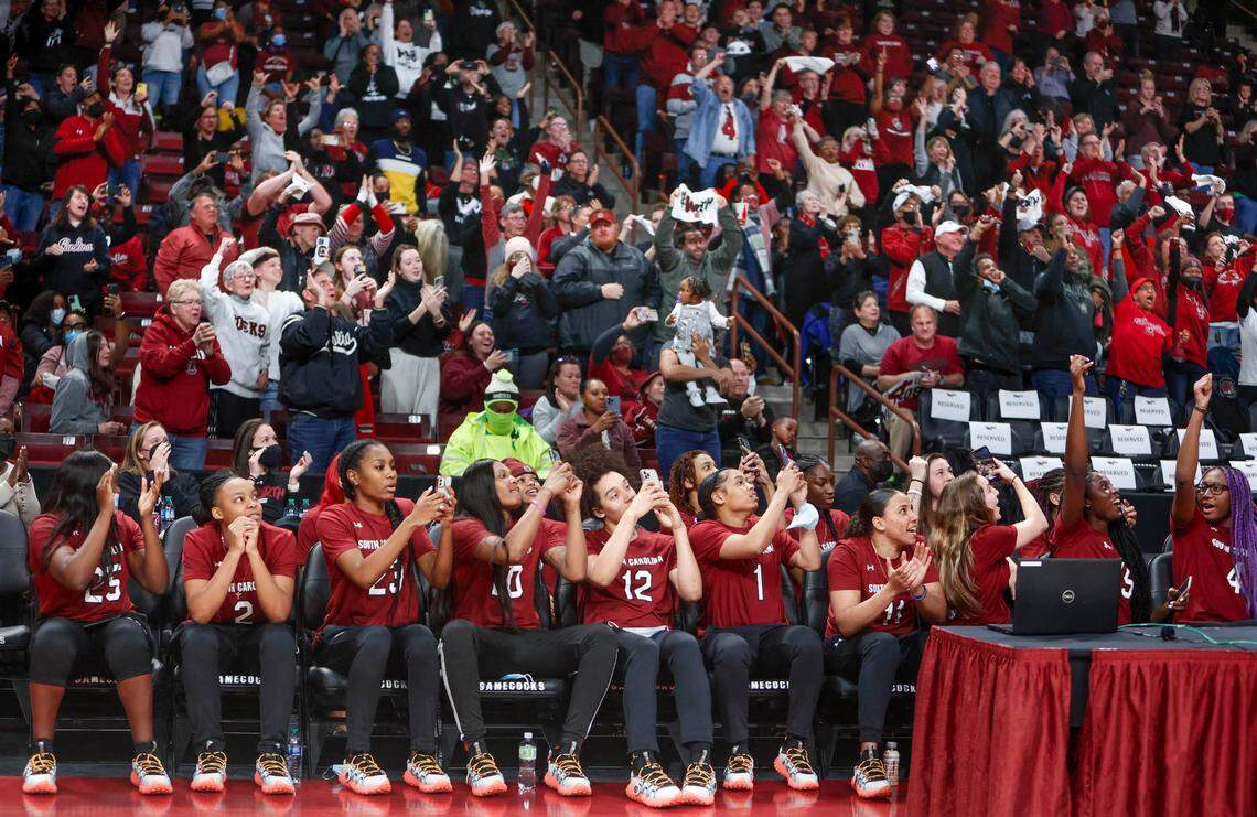 The Gamecocks and fans celebrate the USCD Womens basketball team’s number one seed in the NCAA tournament during a fan event on Sunday March 13, 2022 in the Colonial Life Arena.