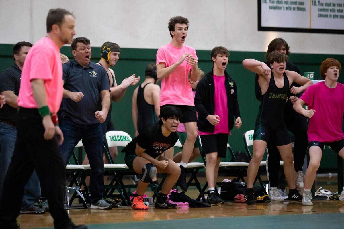 Members of the Ben Lippen wrestling team cheer during their win over the Hammond School in the SCISA 2022 Duals State Wrestling Tournament at Ben Lippen on Saturday, February 5, 2022.