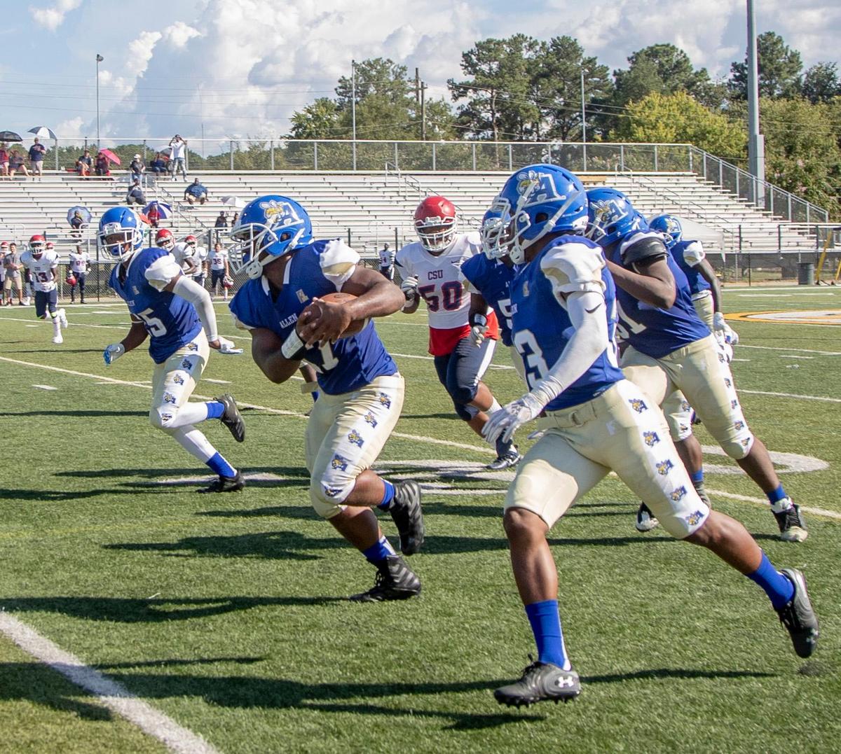 Allen University’s Anthony Menchaca (17) runs down field after picking up a fumble during the game against Columbus State University at W. C. Hawkins Stadium Saturday Sept. 1, 2018, in Columbia, SC.