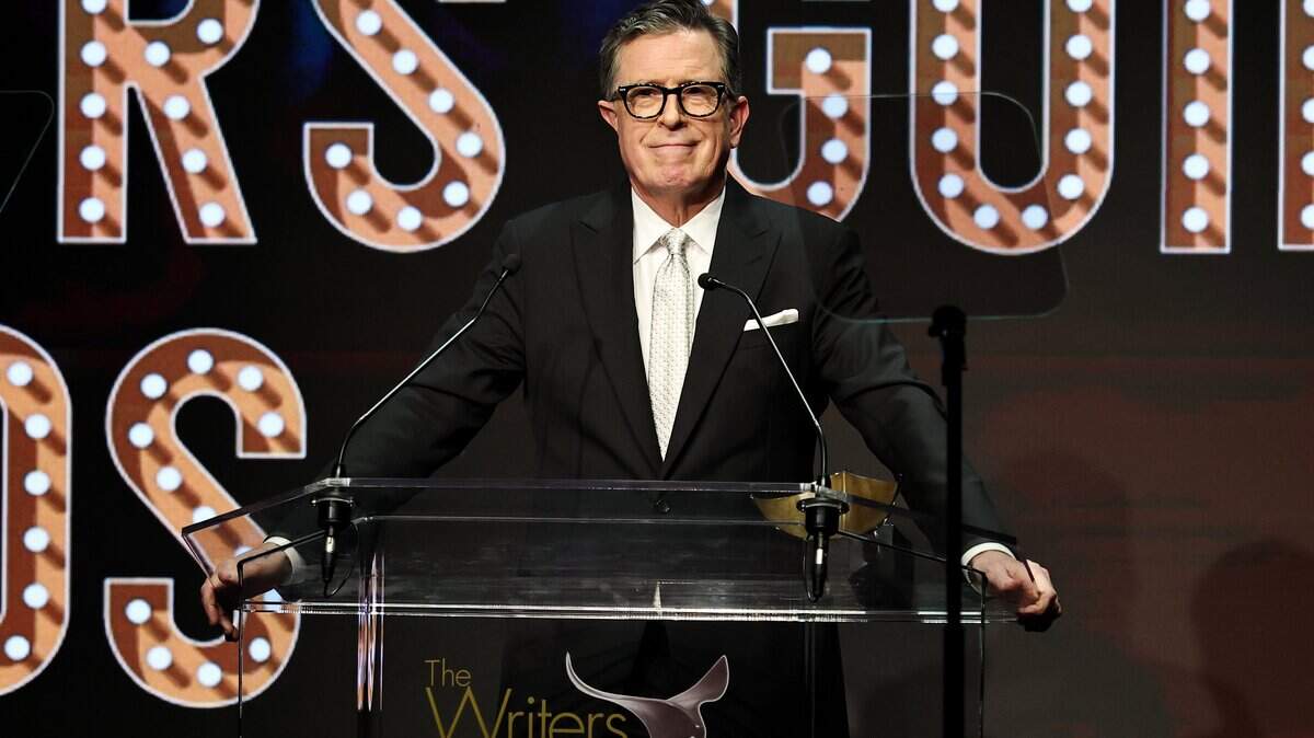 Stephen Colbert speaks during the 2026 Writers Guild Awards New York Ceremony at Edison Ballroom on March 08, 2026, in New York City. (