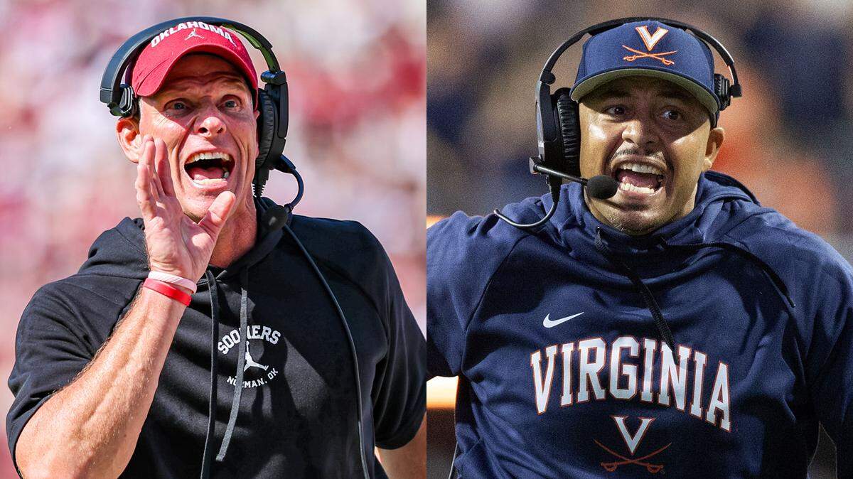 Oklahoma football coach Brent Venables (left) and Virginia football coach Tony Elliott (right) have gone from star Clemson coordinators to potential 2025 CFP participants.