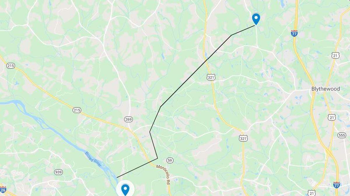 The path of Big Cedar Creek from a proposed wastewater treatment site in Fairfield County through Richland County to the Broad River.