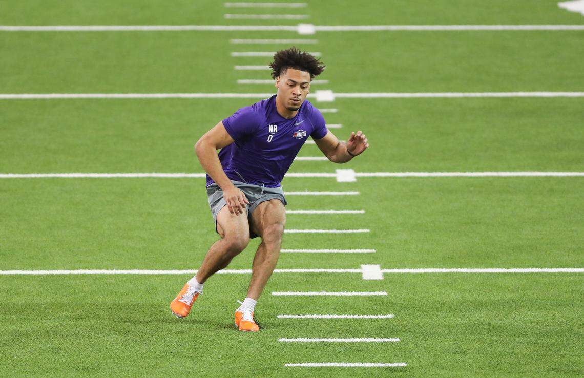 Clemson wide receiver Antonio Williams runs a drill during the team’s 2026 NFL pro day at the Poe Indoor Practice Facility on March 12.