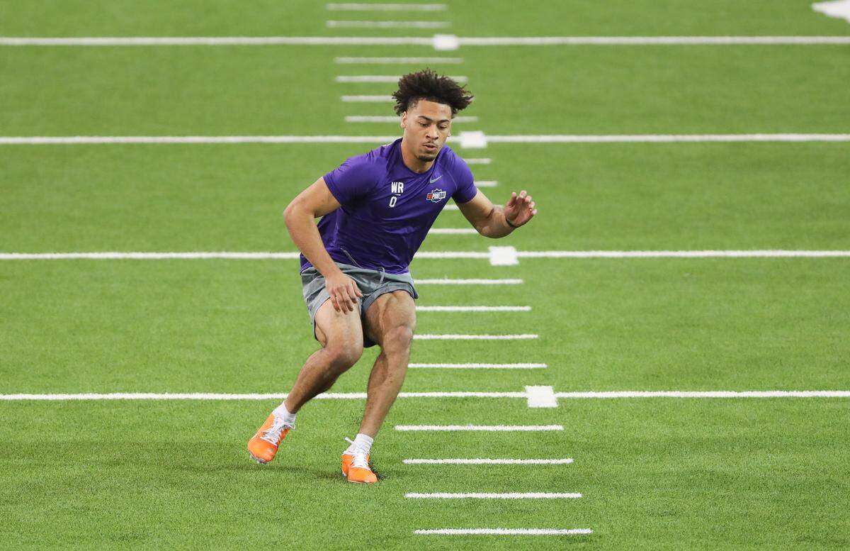 Clemson wide receiver Antonio Williams (0) runs a drill during the team’s 2026 NFL pro day at the Poe Indoor Practice Facility on Thursday, March 12, 2026.