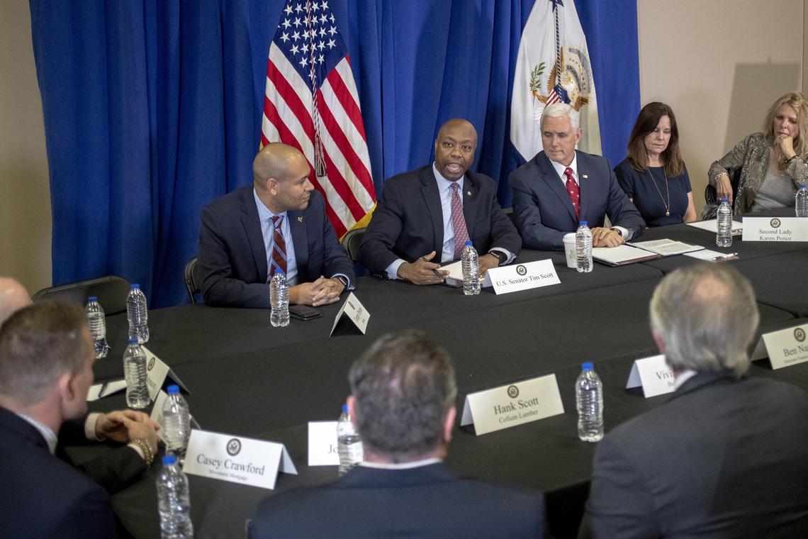 U.S. Sen. Tim Scott, R-S.C, speaks to business leaders with Vice President Mike Pence and Second Lady Karen Pence during a roundtable at The Meeting Place Church, a designated “Opportunity Zone”, Thursday Feb. 21, 2019, in Columbia, SC. Pence toured the church’s meeting space and a newly built movie theater.
