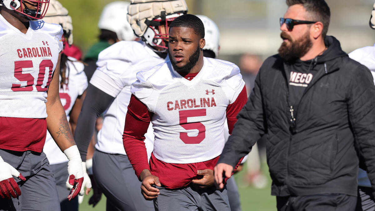 South Carolina running back Raheim “Rocket” Sanders (5) at practice with teammates in Columbia on Tuesday, March 19, 2024.