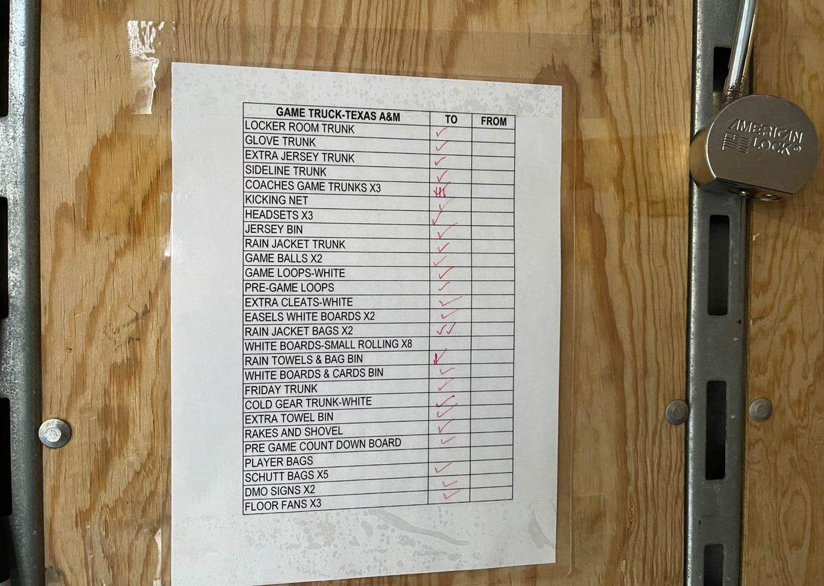 A semi-truck is used to haul the necessities for the team when they go to away games. Check lists make sure nothing is left behind.