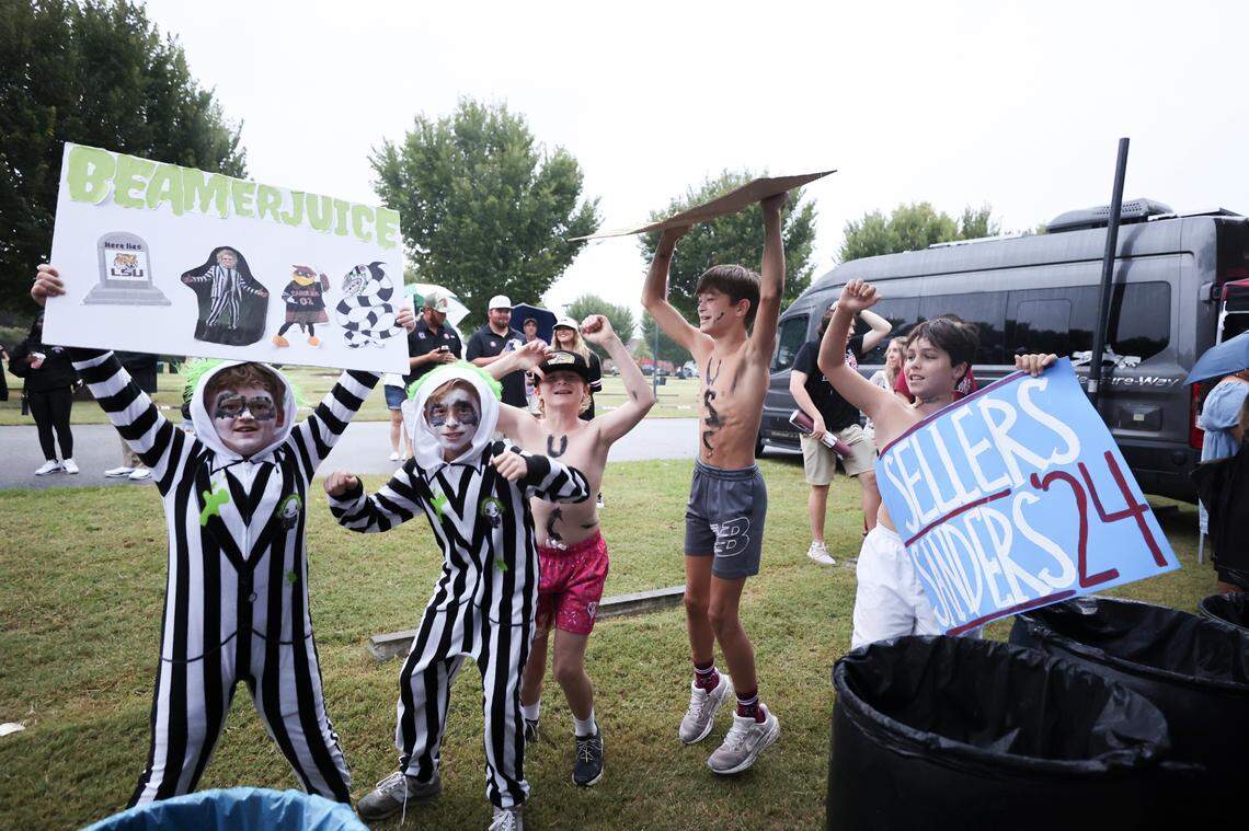 Students celebrate during the broadcast of ESPN College Gameday at Gamecock Park on Saturday, Sept. 14, 2024.