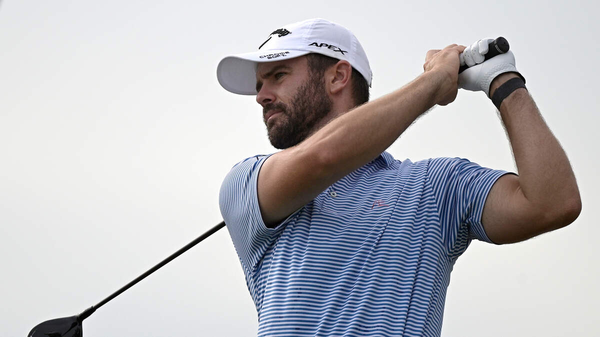 Wesley Bryan hits his tee shot on the first hole during the final round of the Valspar Championship golf tournament, Sunday, May 2, 2021, in Palm Harbor, Fla. (AP Photo/Phelan M. Ebenhack)