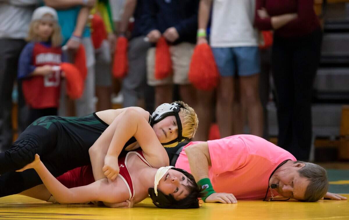 William Fitz of Ben Lippen tries to pin James Meacham of the Hammond School during the SCISA 2022 Duals State Wrestling Tournament at Ben Lippen on Saturday, February 5, 2022.