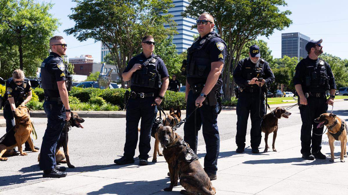 Police dogs sit with their handlers during a ceremonial bill signing of a law increasing penalties for those who harm law enforcement animals at the Columbia Metropolitan Convention Center on Wednesday, June 3, 2026.