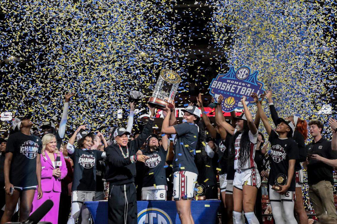 The Gamecocks celebrate winning the SEC Tournament at the Bon Secours Wellness Arena in Greenville on Sunday, March 9, 2025. The University of South Carolina beat Texas, 64-45 to claim their 9th SEC Championship win.