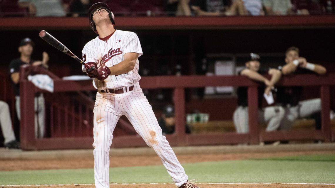 South Carolina third baseman Jonah Bride reacts after striking out during the ninth inning against Georgia at Founders Park on Thursday, May 18, 2017, in Columbia, S.C.