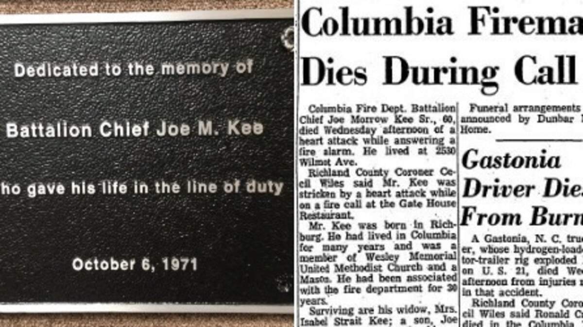 A plaque that hangs in Columbia fire department headquarters and a 1971 The State article about fire fight Joe Kee.