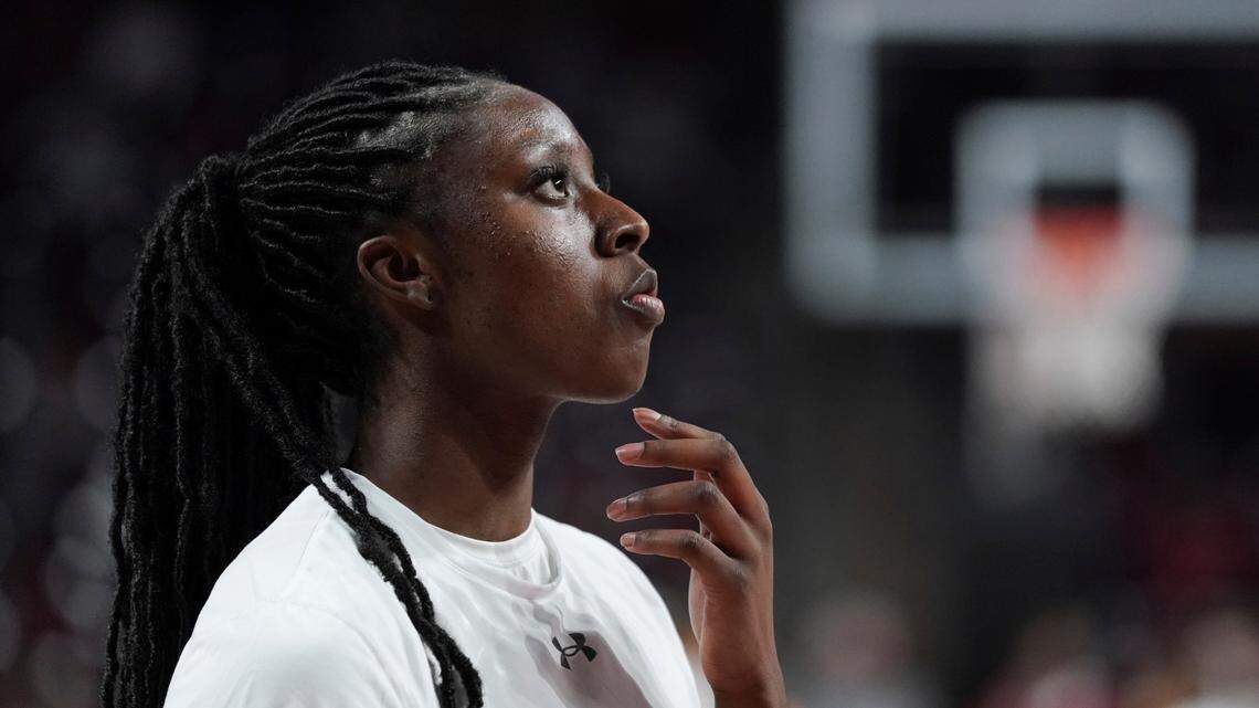 South Carolina forward Laeticia Amihere warms up before an NCAA college basketball game against Alabama Thursday, Feb. 3, 2022, in Columbia, S.C. South Carolina won 83-51. (AP Photo/Sean Rayford)