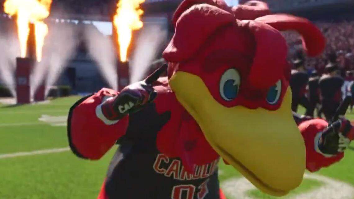 Cocky, South Carolina’s mascot, pumps up the crowd at Williams-Brice Stadium ahead of a Gamecocks football game in the new EA Sports “College Football 25” video game.