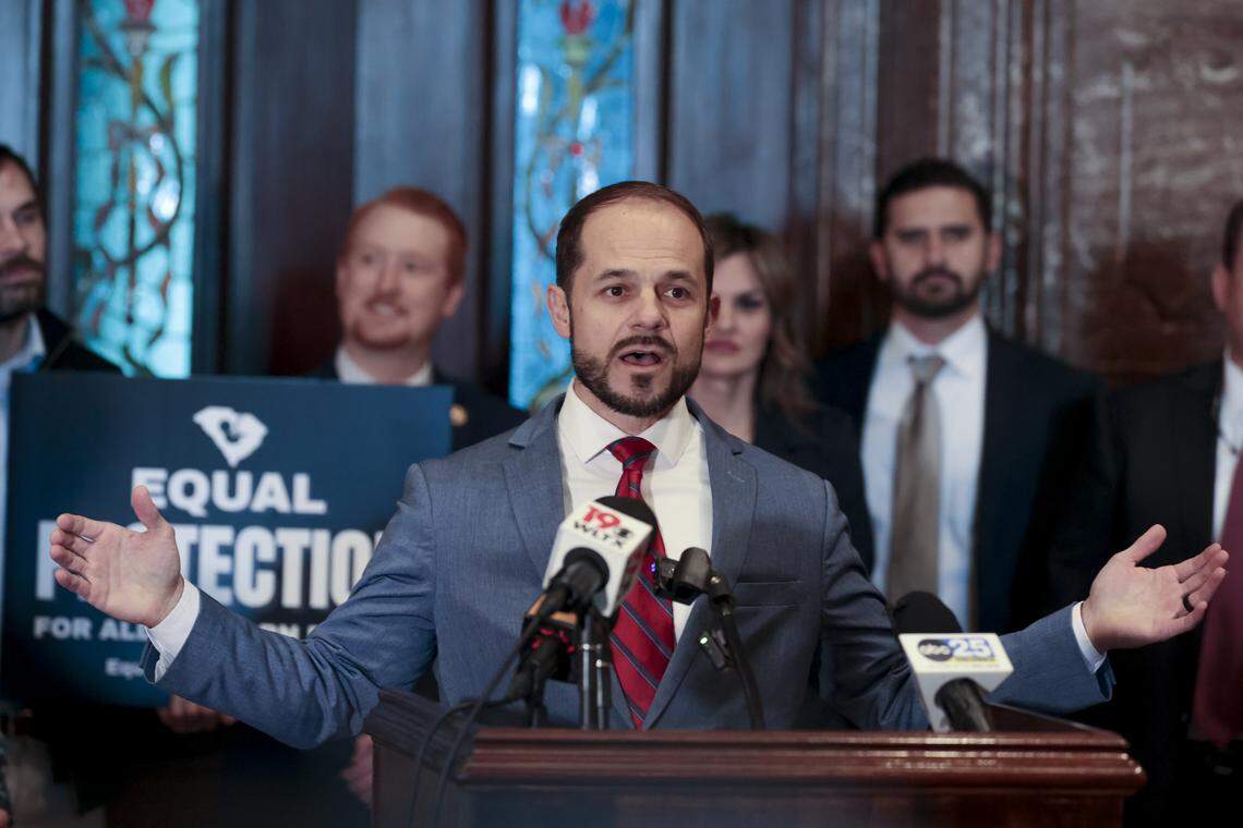 Mark Corral, President of Equal Protection South Carolina, speaks during a press conference in the State House lobby on Tuesday, Jan. 13, 2026. During the press conference, Sen. Lee Bright and State Rep. Rob Harris discussed their legislation, The South Carolina Prenatal Equal Protection Act.