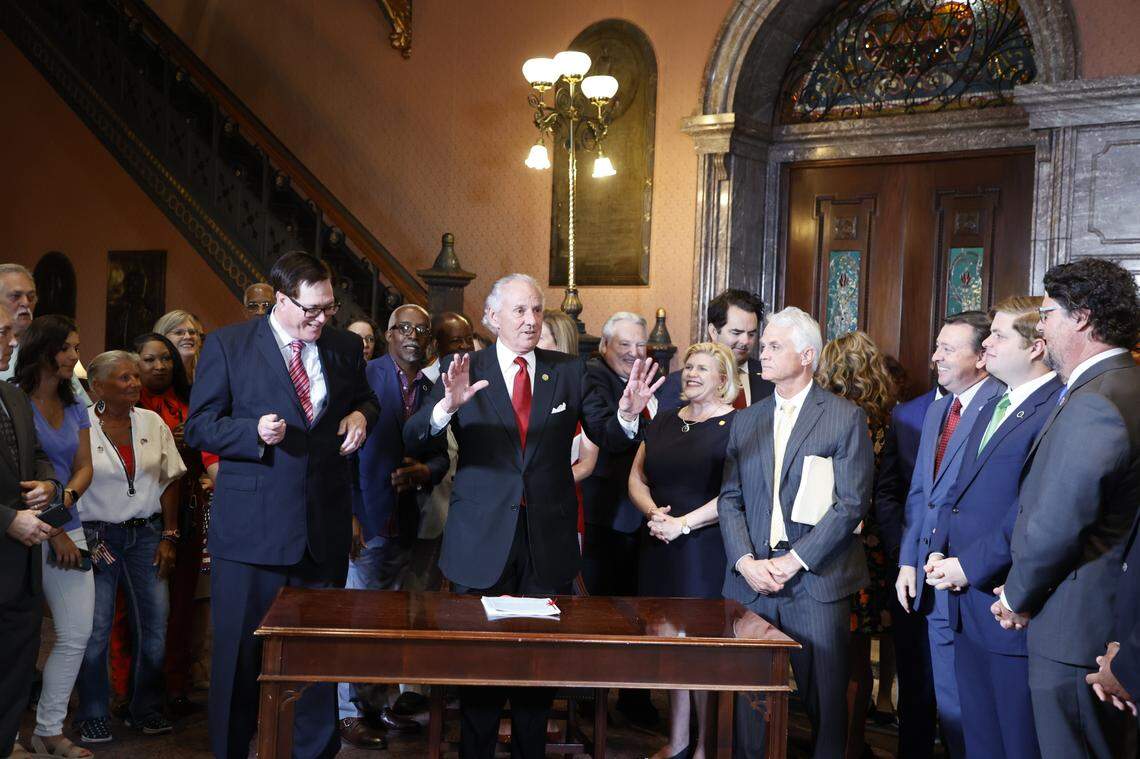 South Carolina Governor Henry McMaster signs the new voter legislation during a ceremony on Wednesday, May, 18, 2022 in the state house.