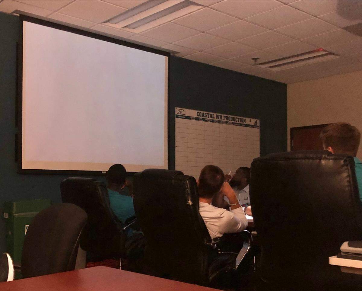 Jamey Chadwell (center) and the Coastal Carolina offensive staff break down Old Dominon’s defense during a meeting on Wednesday. The Chanticleers and Monarchs meet on Saturday in Conway, SC.