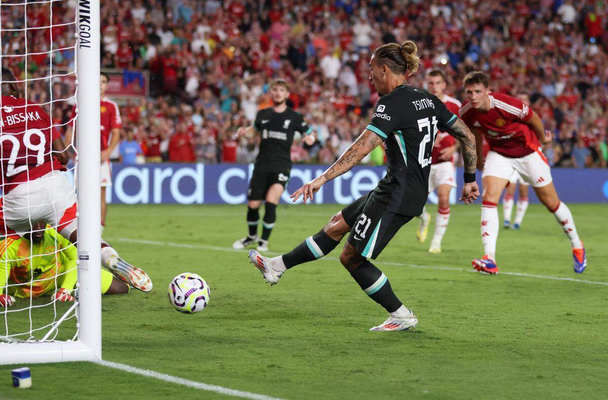 Liverpool defender Kostas Tsimikas (21) scores during the Rivals in Red International Friendly soccer match between Manchester United and Liverpool in Columbia on Saturday, August 3, 2024.