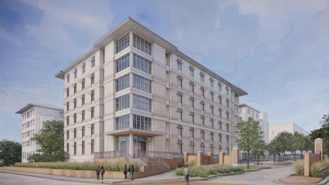 A perspective rendering of the Honors College expansion at the intersection of Sumter and Blossom streets.